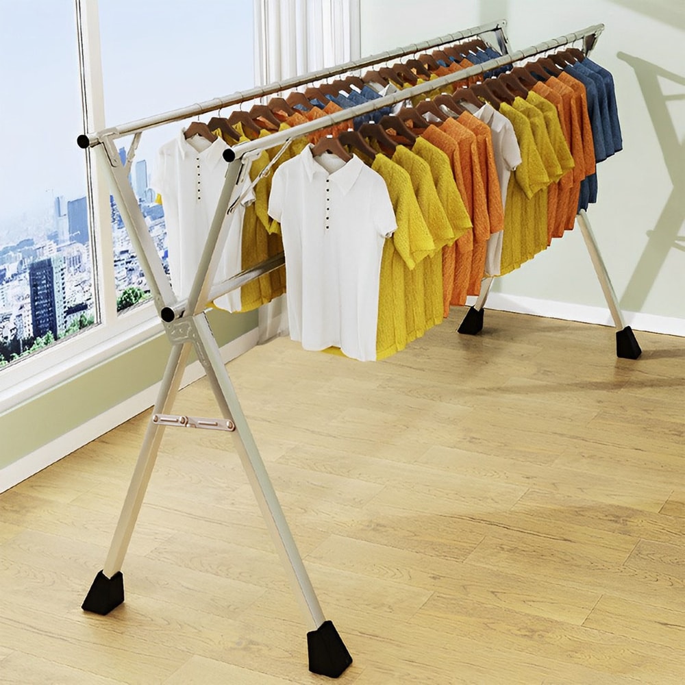 SOGA 2X 24m Portable Standing Clothes Drying Rack Foldable SpaceSaving Laundry Holder 3 Poles 4