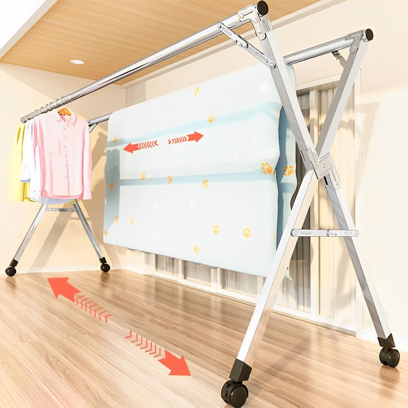 SOGA 2X 24m Portable Standing Clothes Drying Rack Foldable SpaceSaving Laundry Holder With Wheels 1