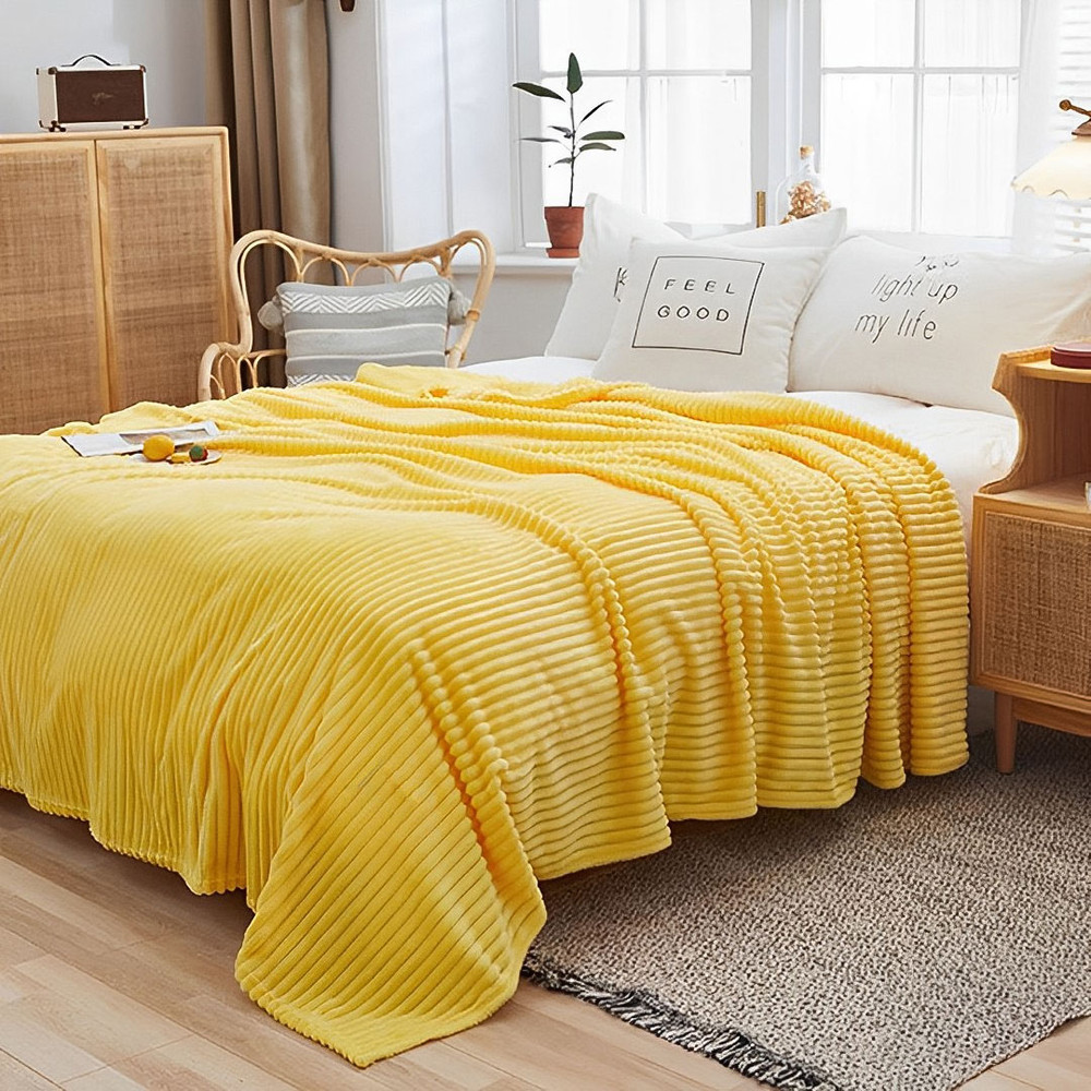 SOGA 2X Yellow Throw Blanket Warm Cozy Striped Pattern Thin Flannel Coverlet Fleece Bed Sofa Comfor
