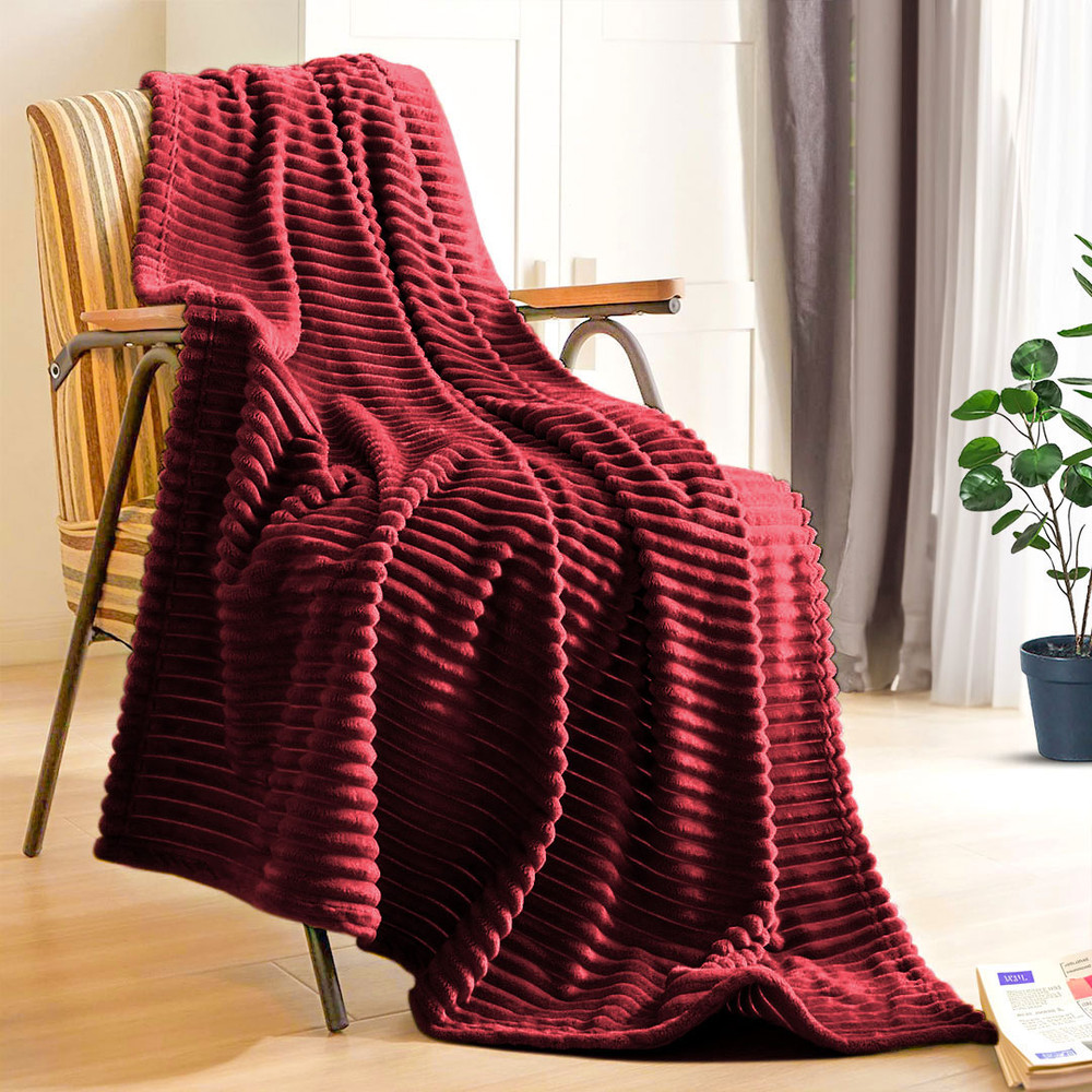 SOGA 2X Burgundy Throw Blanket Warm Cozy Striped Pattern Thin Flannel Coverlet Fleece Bed Sofa Comf
