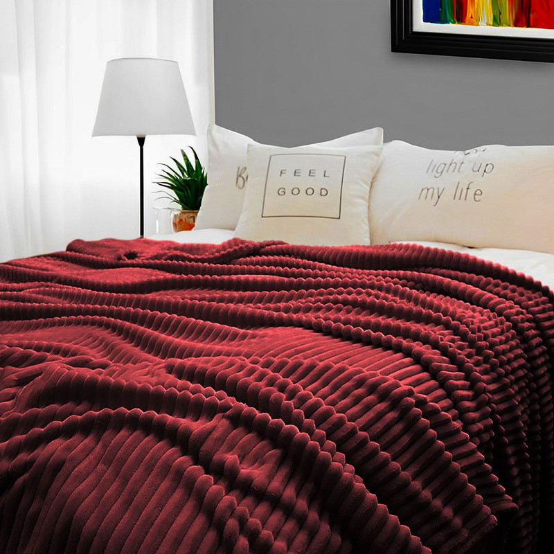 SOGA 2X Burgundy Throw Blanket Warm Cozy Striped Pattern Thin Flannel Coverlet Fleece Bed Sofa Comf