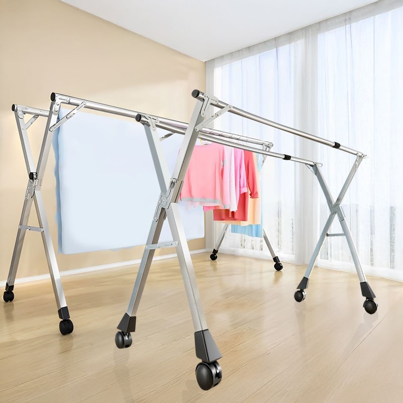 SOGA 2X 24m Portable Standing Clothes Drying Rack Foldable SpaceSaving Laundry Holder With Wheels 0