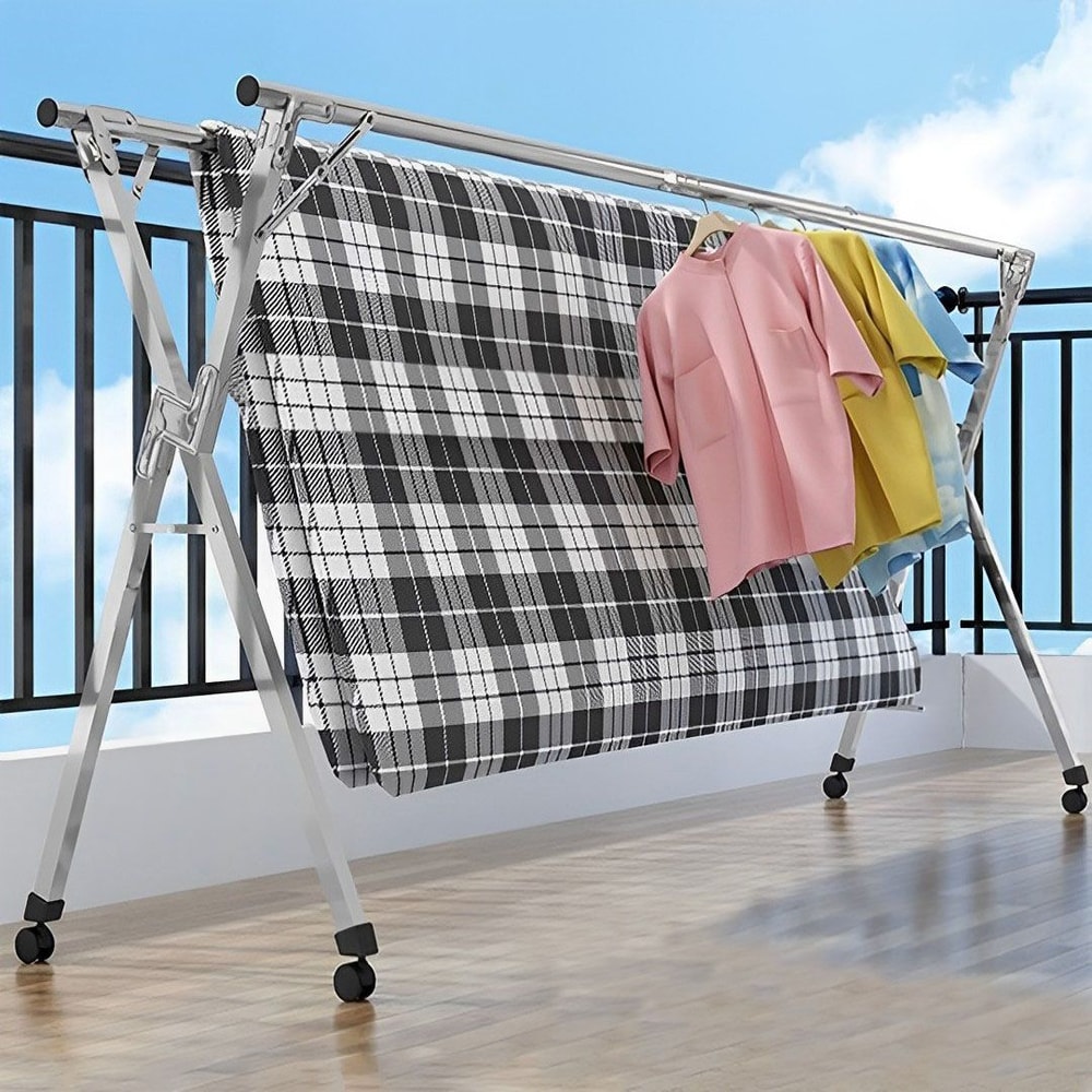 SOGA 2X 24m Portable Standing Clothes Drying Rack Foldable SpaceSaving Laundry Holder With Wheels 7