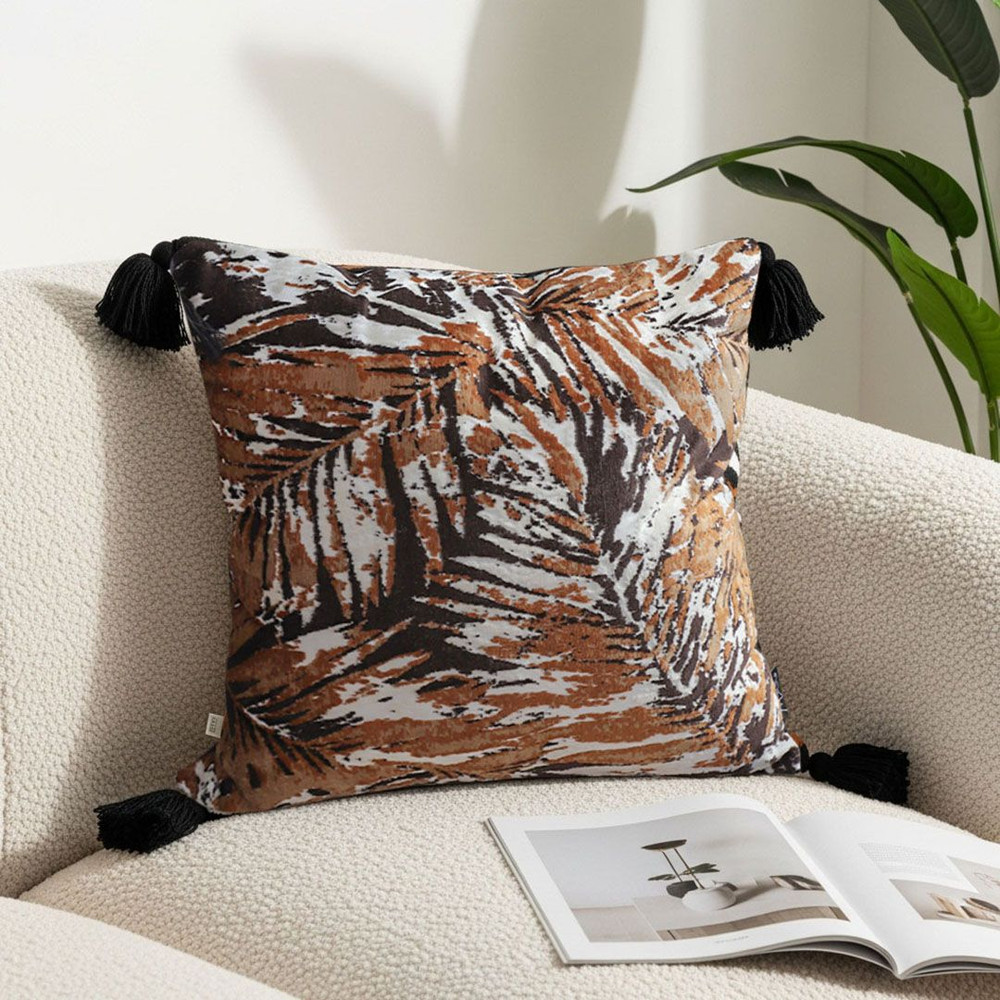 SOGA 45cm Velvet BrownBlackIvory Leaf Print Polyester Cushion Cover With Tassels 2