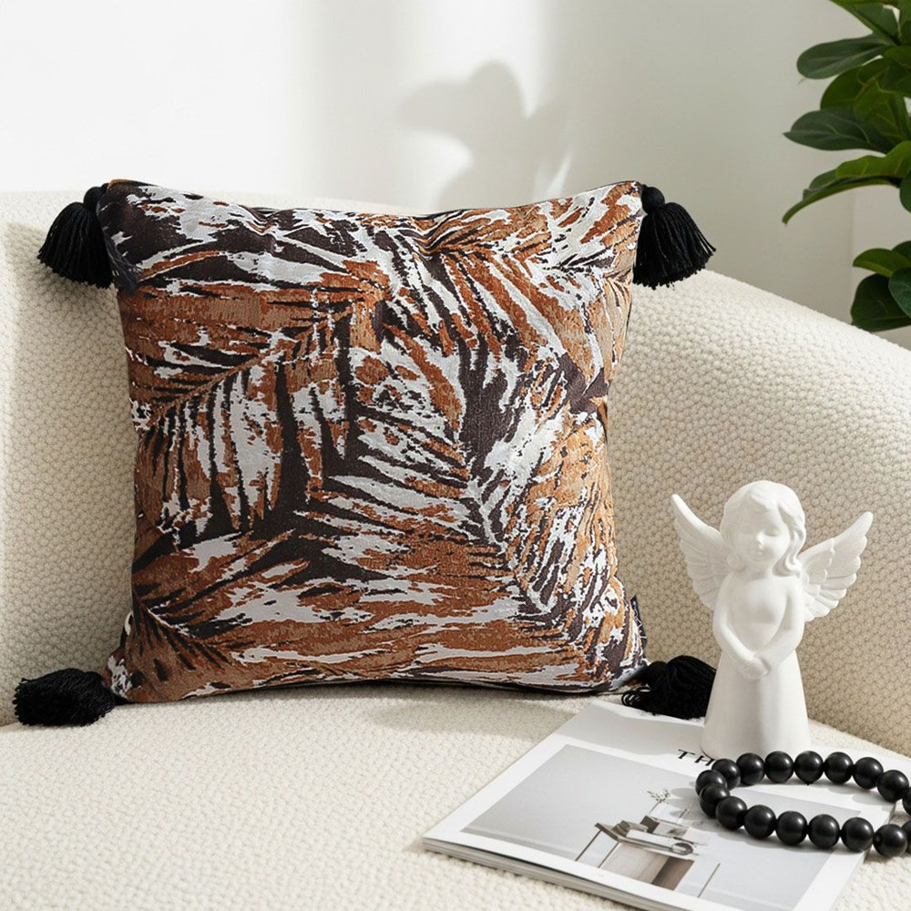 SOGA 45cm Velvet BrownBlackIvory Leaf Print Polyester Cushion Cover With Tassels 3