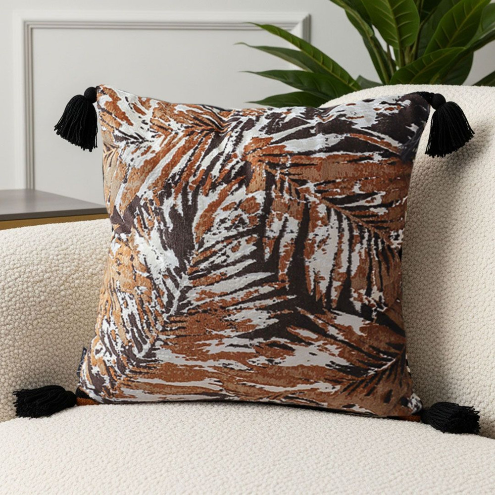 SOGA 45cm Velvet BrownBlackIvory Leaf Print Polyester Cushion Cover With Tassels 0