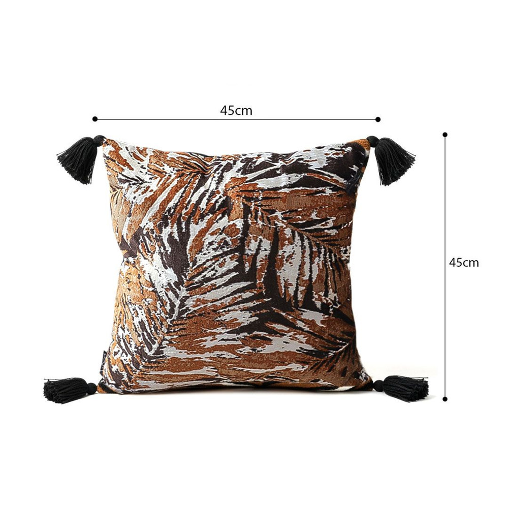 SOGA 45cm Velvet BrownBlackIvory Leaf Print Polyester Cushion Cover With Tassels 4