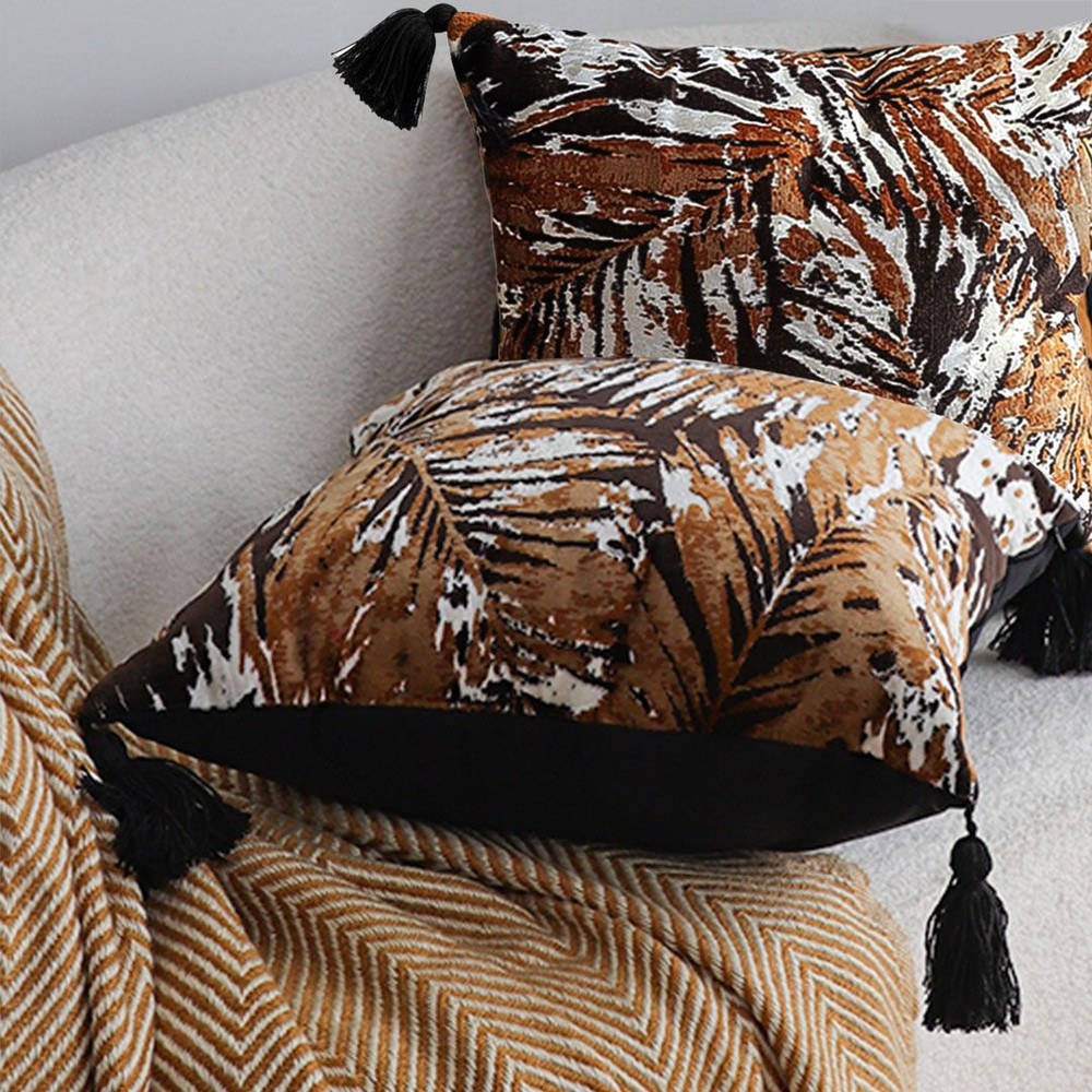 SOGA 45cm Velvet BrownBlackIvory Leaf Print Polyester Cushion Cover With Tassels 5