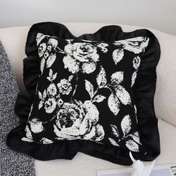 soga 45cm black floral throw pillowcase with ruffle edges