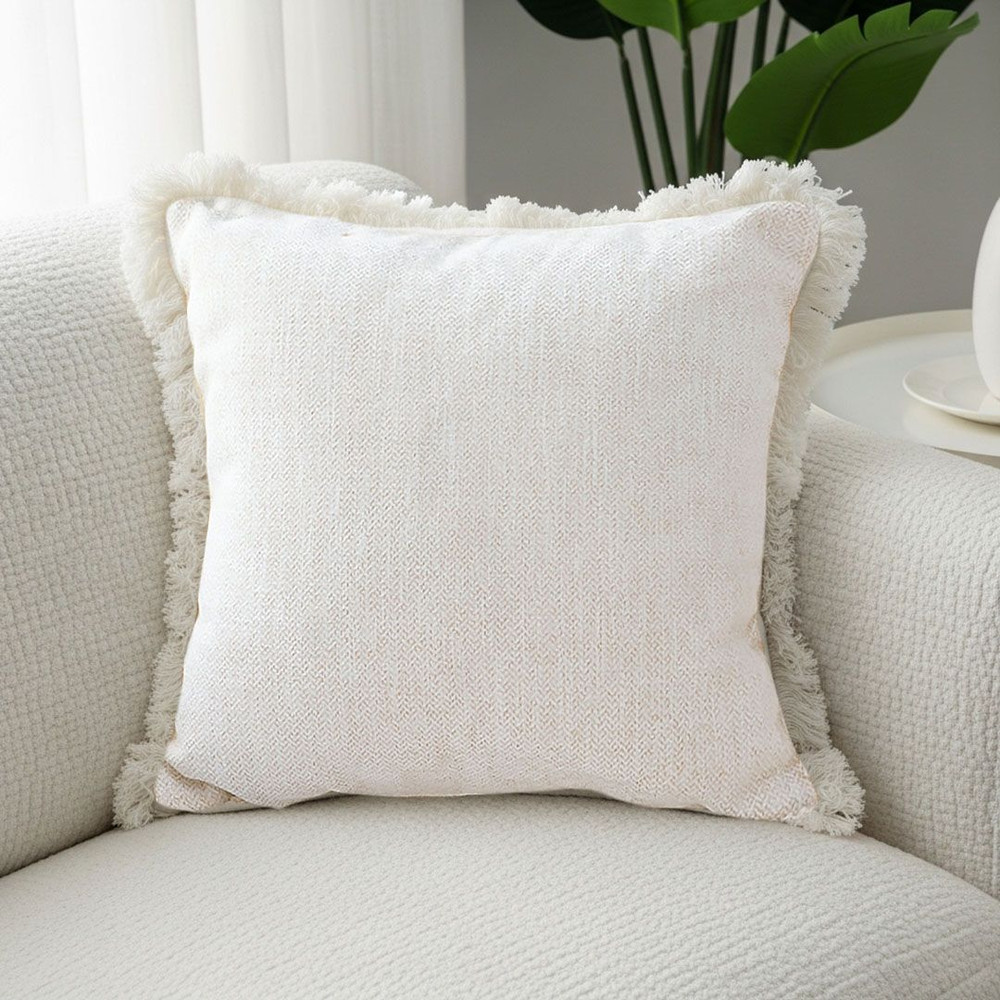 SOGA 42x45cm Premium Linen Throw Pillow Cover With Fringe Trim Cream White 0