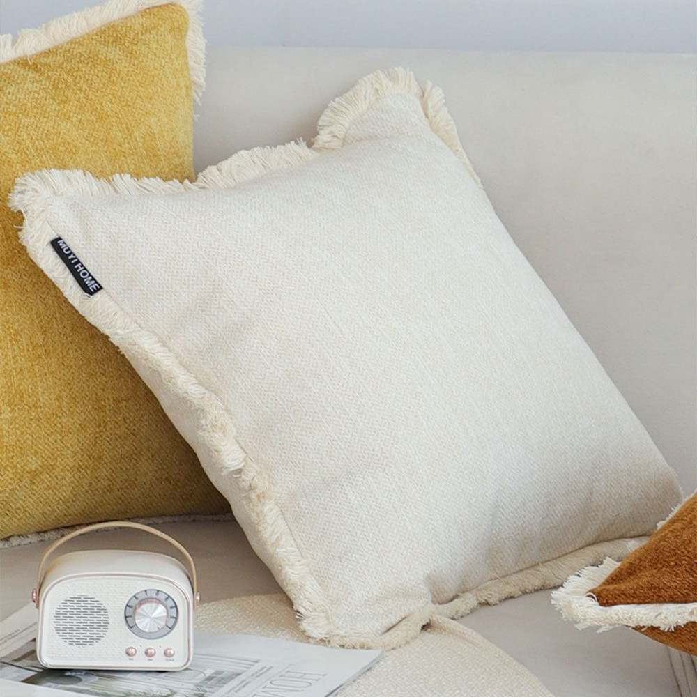 SOGA 42x45cm Premium Linen Throw Pillow Cover With Fringe Trim Cream White 3