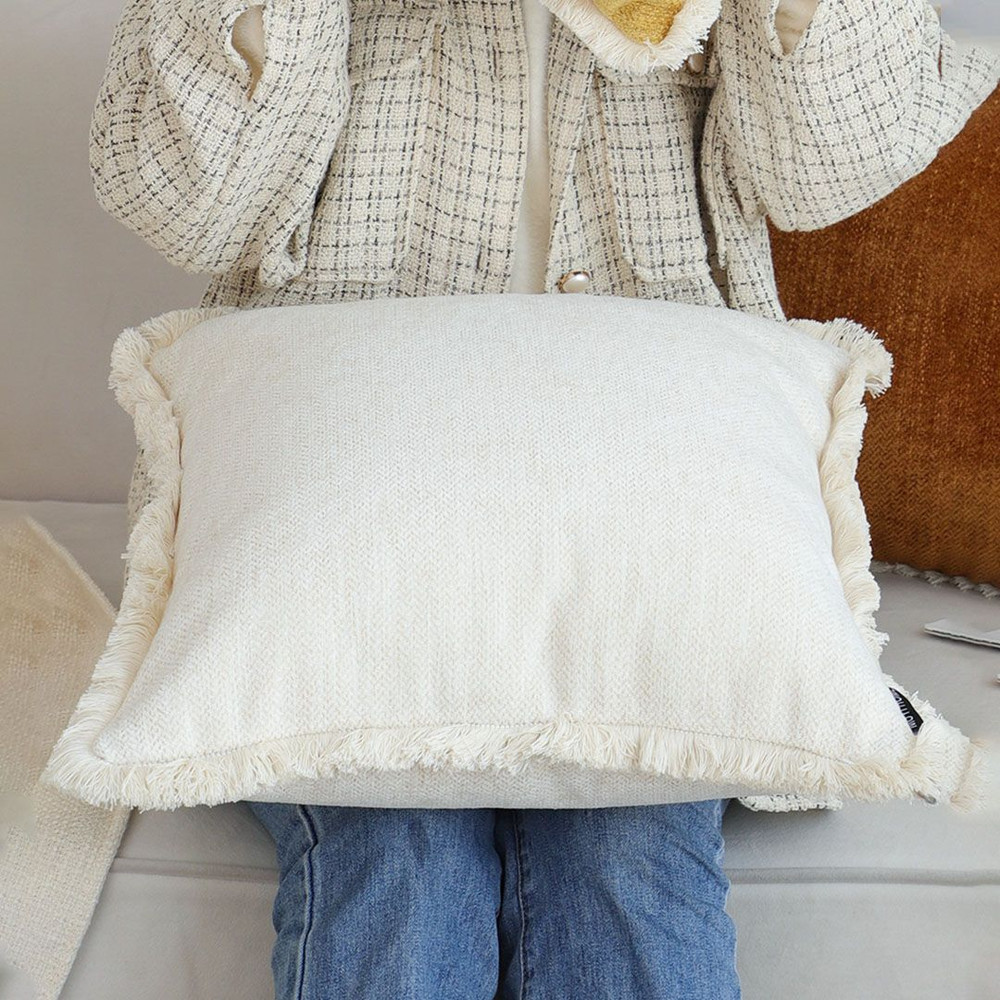 SOGA 42x45cm Premium Linen Throw Pillow Cover With Fringe Trim Cream White 6