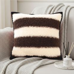 soga 45cm cozy brown & cream striped boucle square pillowcase