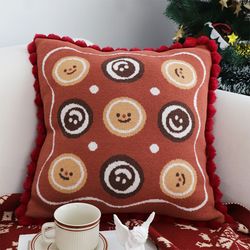 soga 45cm gingerbread cookie smiley face square pillowcase with red pom-pom trim