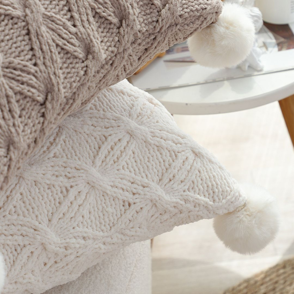 SOGA 45cm Luxurious Ivory Diamond Knit Throw Pillowcase With Pom Poms 3