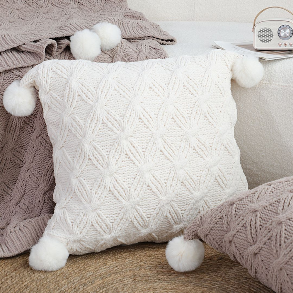 SOGA 45cm Luxurious Ivory Diamond Knit Throw Pillowcase With Pom Poms 4