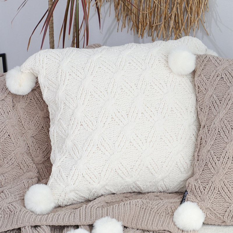 SOGA 45cm Luxurious Ivory Diamond Knit Throw Pillowcase With Pom Poms 6