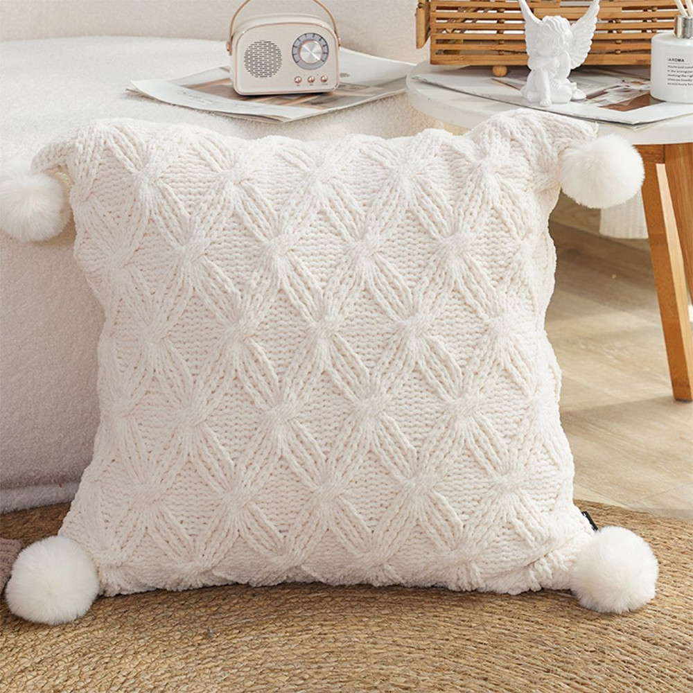 SOGA 45cm Luxurious Ivory Diamond Knit Throw Pillowcase With Pom Poms 0