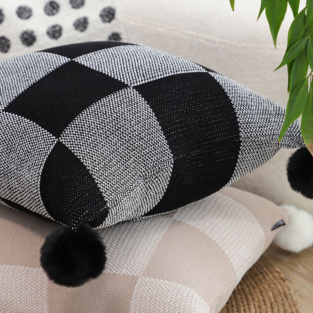 SOGA 45cm Modern Comfort Black Gray Gingham Pillowcase With Pom Poms 2