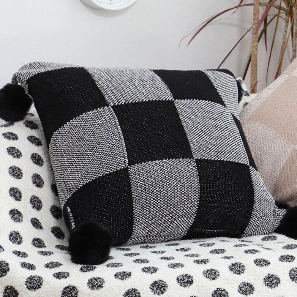 SOGA 45cm Modern Comfort Black Gray Gingham Pillowcase With Pom Poms 3
