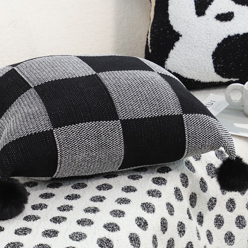 SOGA 45cm Modern Comfort Black Gray Gingham Pillowcase With Pom Poms 4