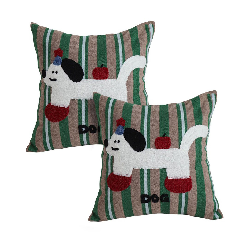 SOGA 2X 45cm Cute Dog Print Green Red White Striped Polyester Decorative Pillowcase 6