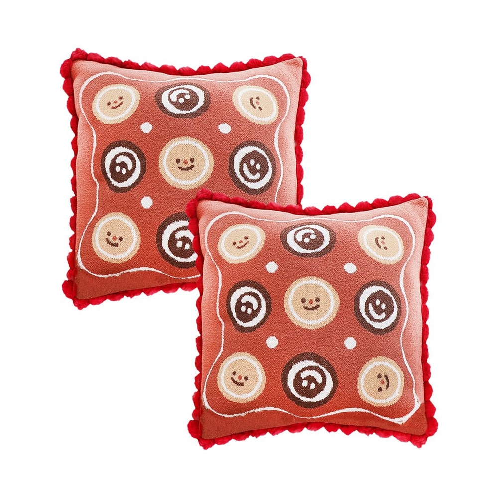 SOGA 2X 45cm Gingerbread Cookie Smiley Face Square Pillowcase With Red PomPom Trim 6
