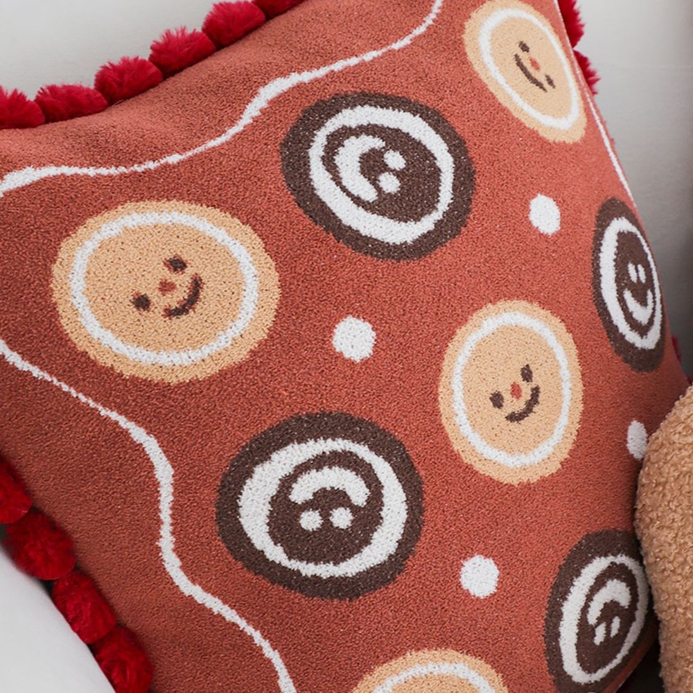 SOGA 2X 45cm Gingerbread Cookie Smiley Face Square Pillowcase With Red PomPom Trim 1