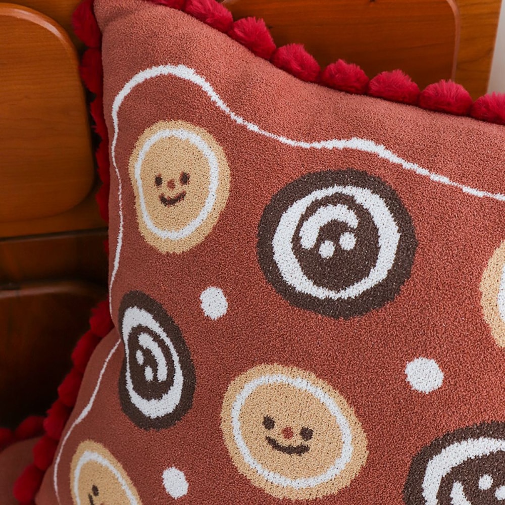 SOGA 2X 45cm Gingerbread Cookie Smiley Face Square Pillowcase With Red PomPom Trim 2