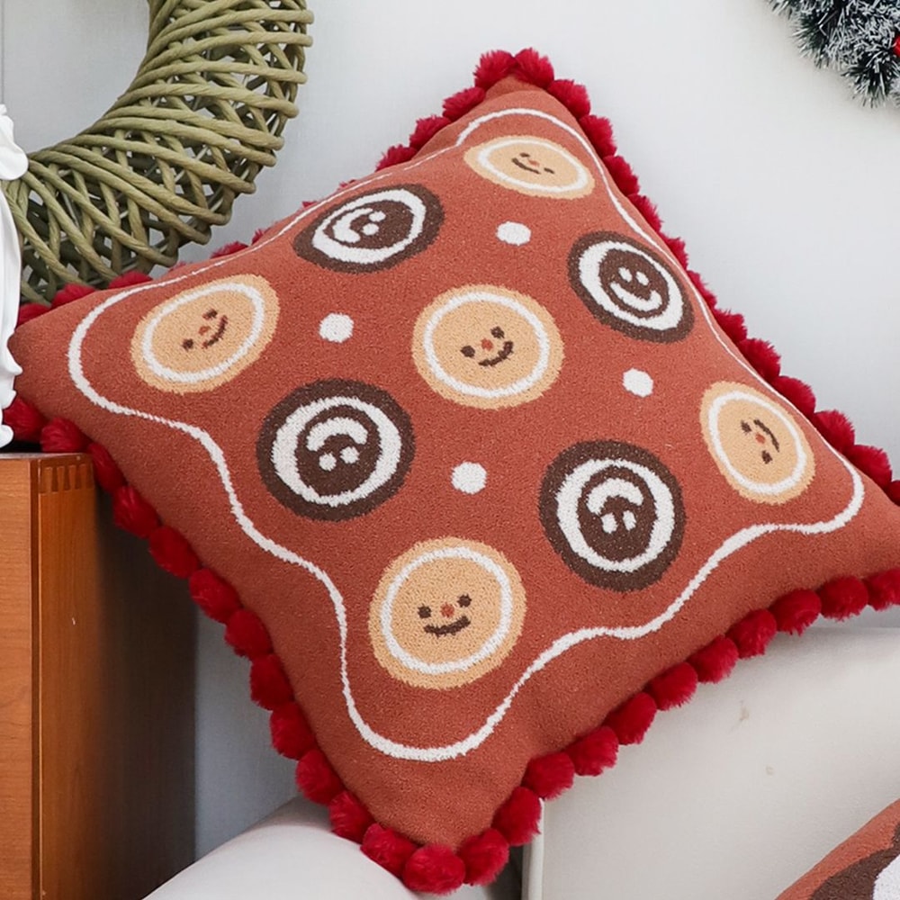 SOGA 2X 45cm Gingerbread Cookie Smiley Face Square Pillowcase With Red PomPom Trim 3
