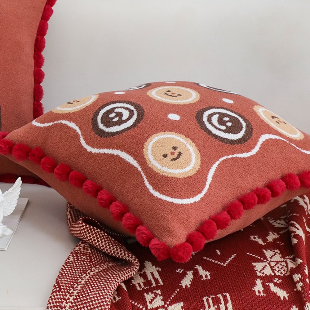 SOGA 2X 45cm Gingerbread Cookie Smiley Face Square Pillowcase With Red PomPom Trim 4