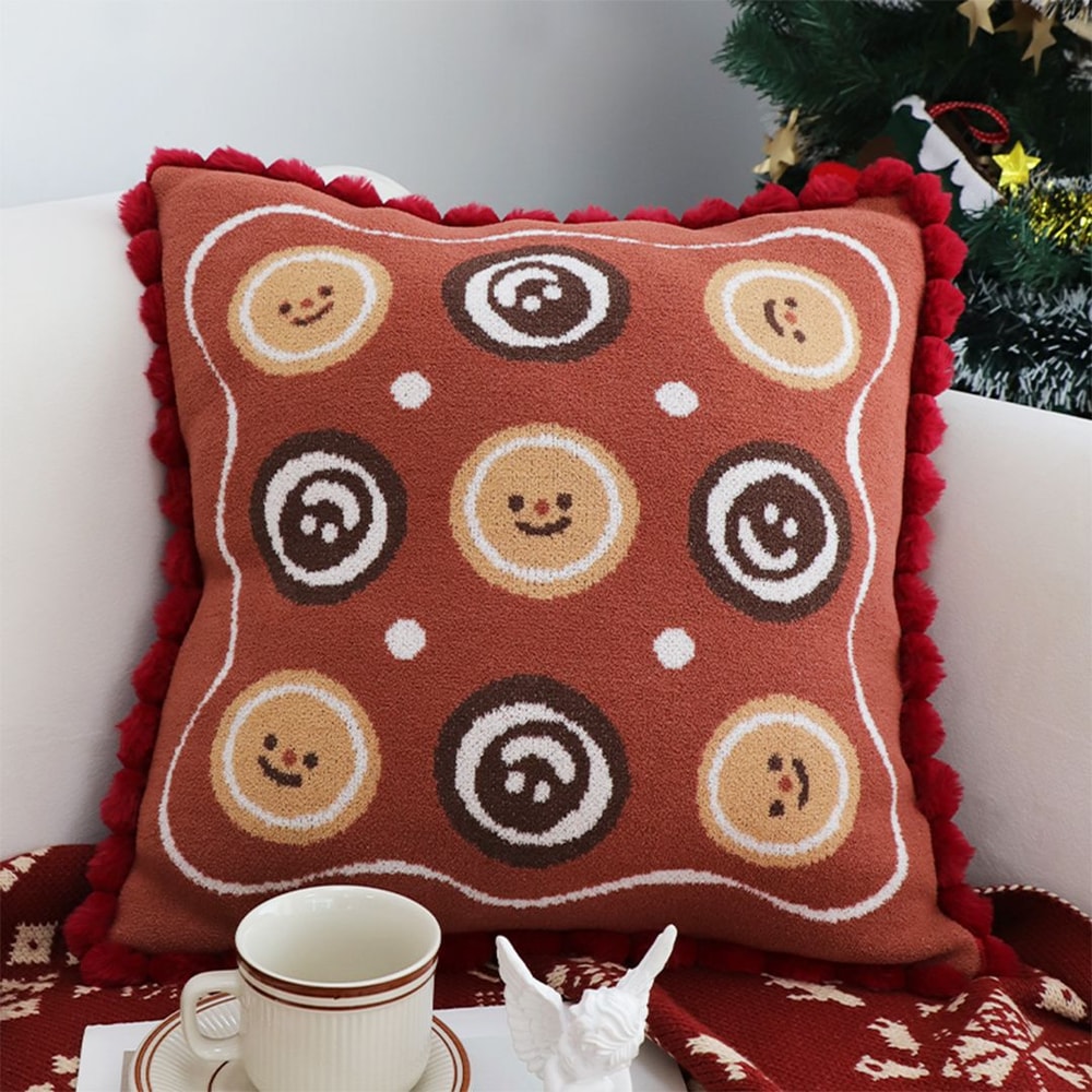 SOGA 2X 45cm Gingerbread Cookie Smiley Face Square Pillowcase With Red PomPom Trim 0