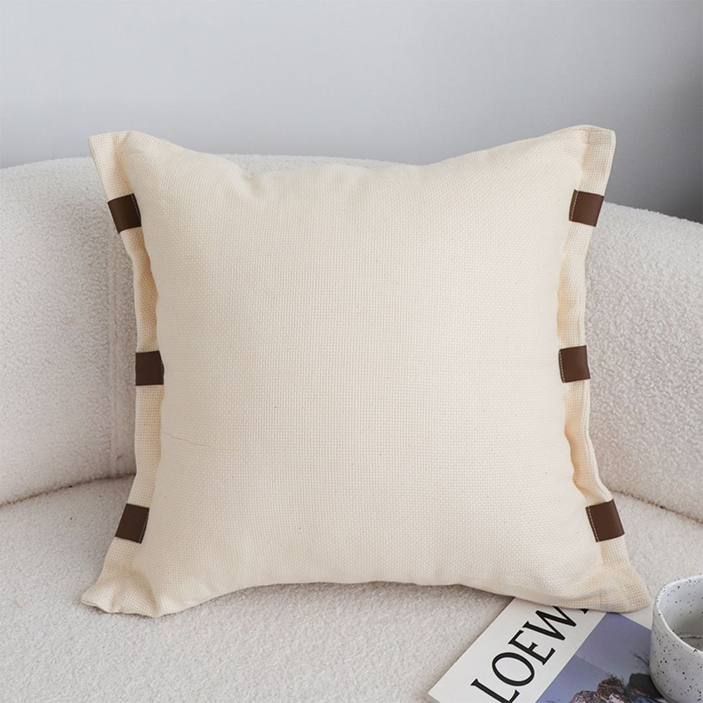 SOGA 2X 45cm Modern Cream Leather Tab Detail Textured Pillowcase 0