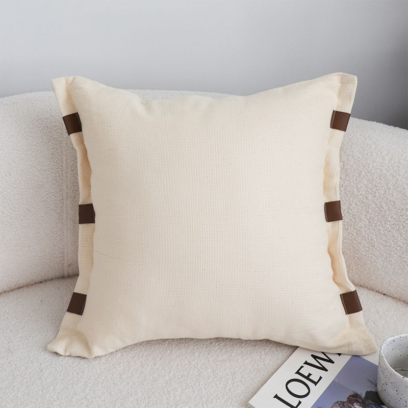 SOGA 2X 45cm Modern Cream Leather Tab Detail Textured Pillowcase 0
