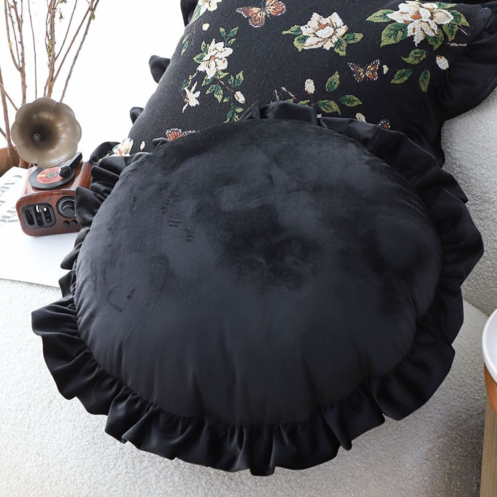 SOGA 2X 45cm Black Vintage Lotus Edge Round Pillowcase Butterfly Accent 2