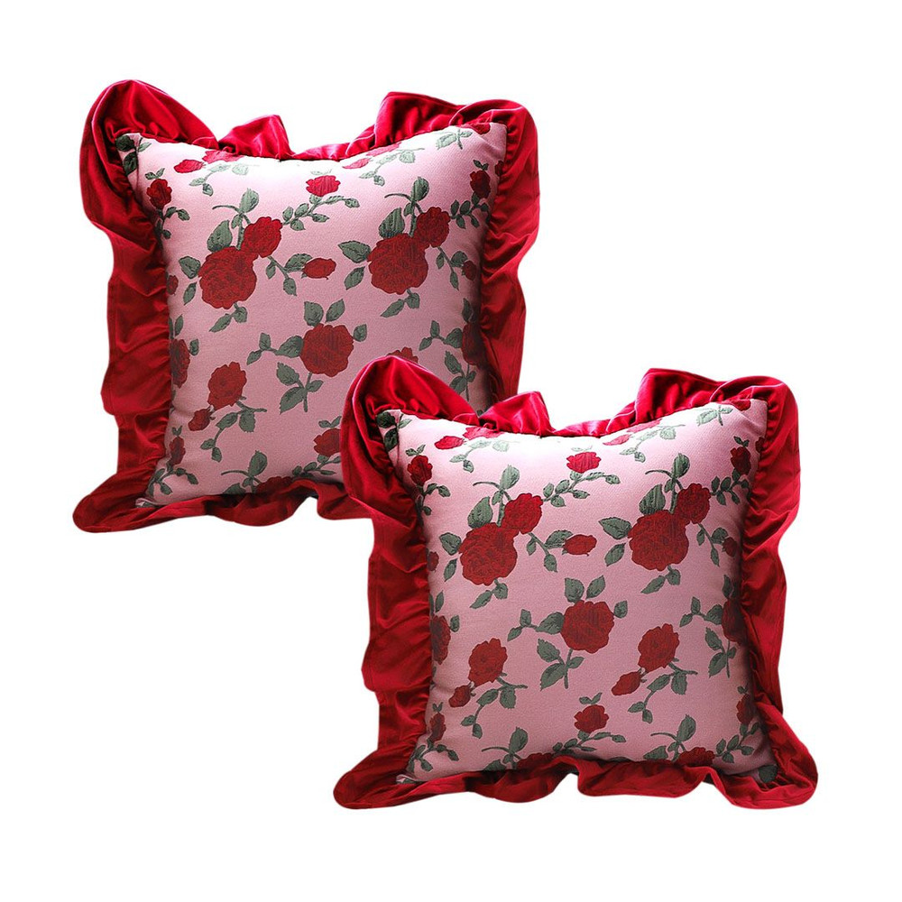 SOGA 2X 45cm Rose Garden Pillow Cover With Burgundy Ruffle 1