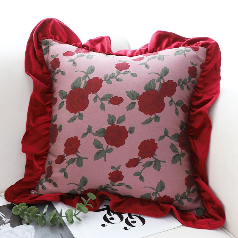 SOGA 2X 45cm Rose Garden Pillow Cover With Burgundy Ruffle 4