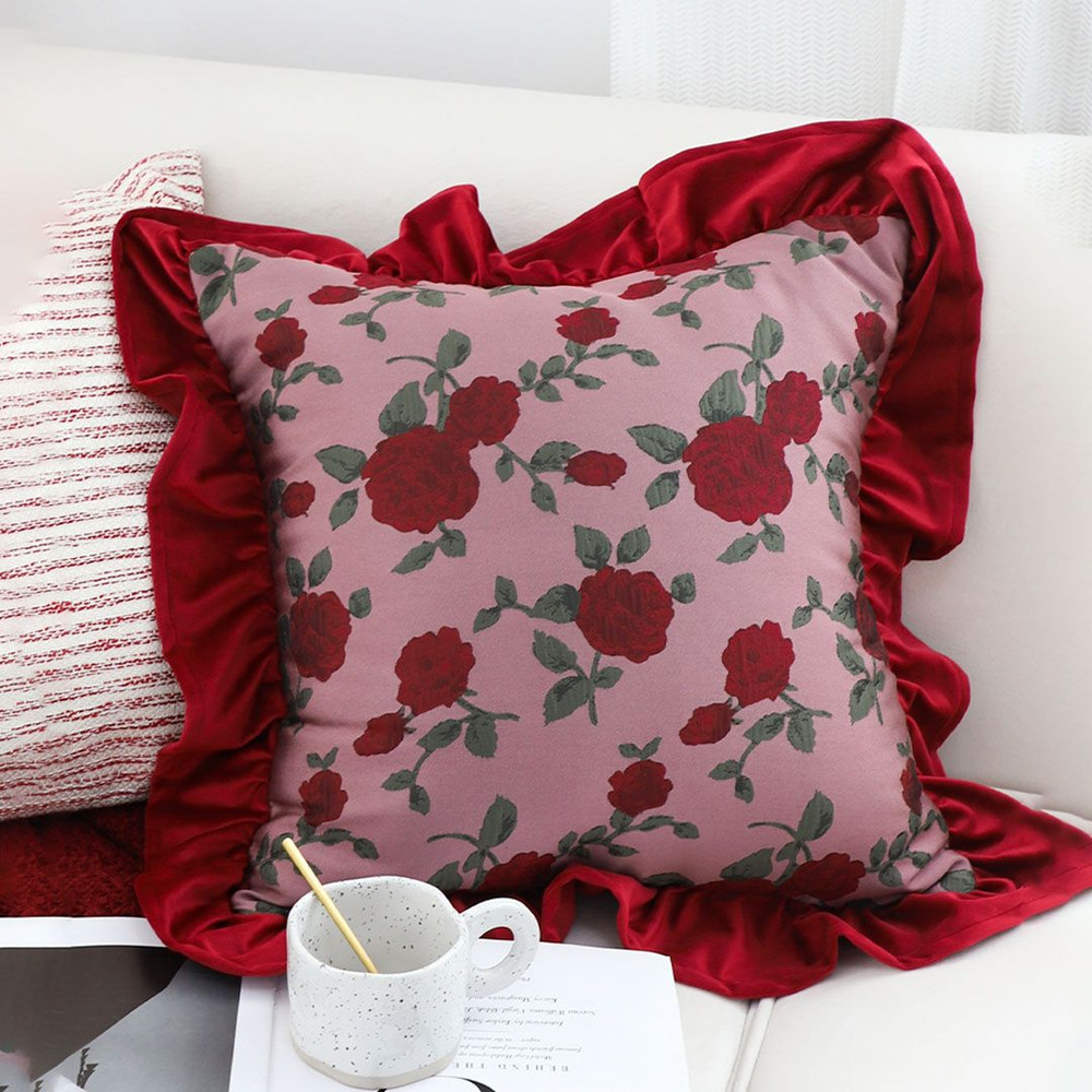 SOGA 2X 45cm Rose Garden Pillow Cover With Burgundy Ruffle 0