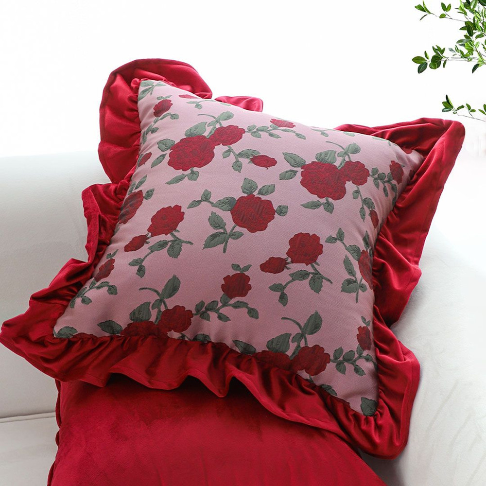SOGA 2X 45cm Rose Garden Pillow Cover With Burgundy Ruffle 3