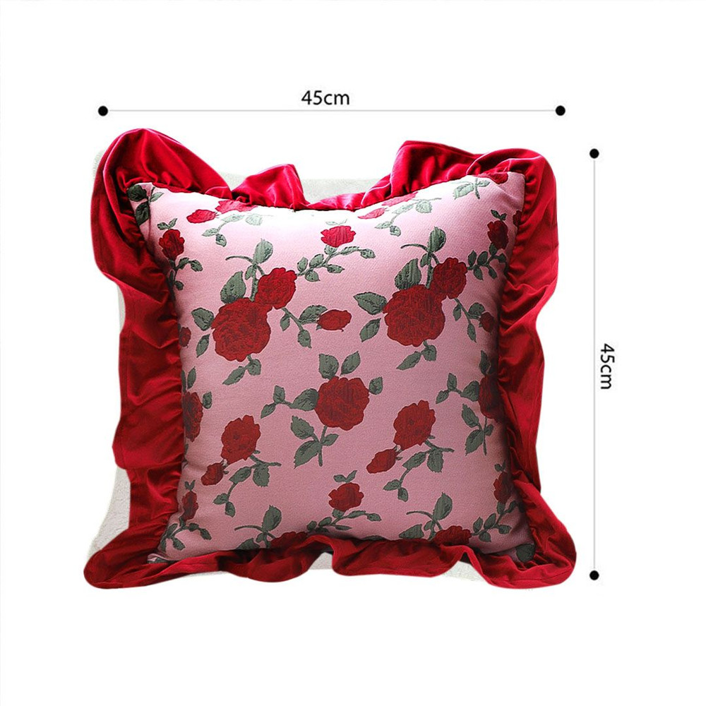 SOGA 2X 45cm Rose Garden Pillow Cover With Burgundy Ruffle 2