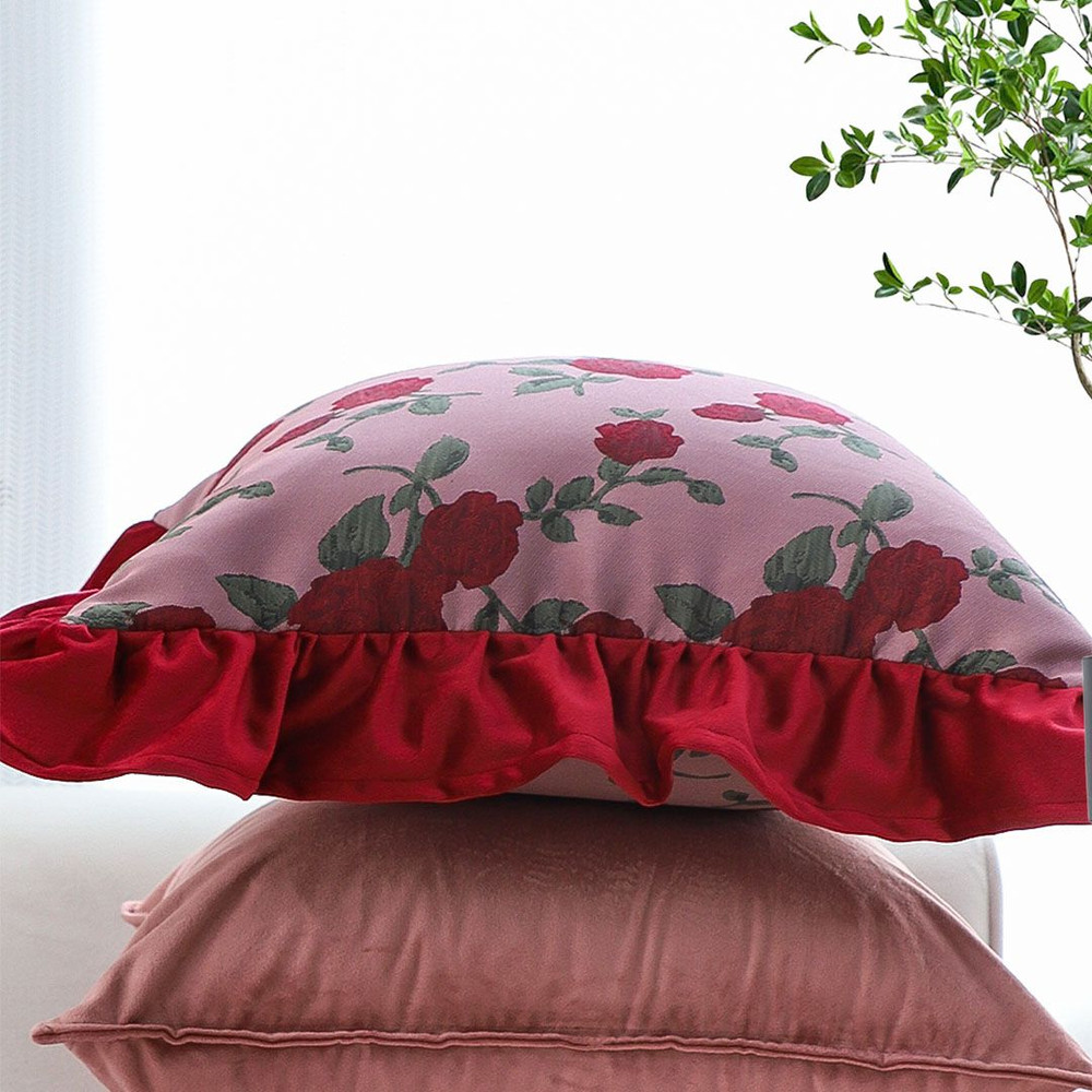 SOGA 2X 45cm Rose Garden Pillow Cover With Burgundy Ruffle 5