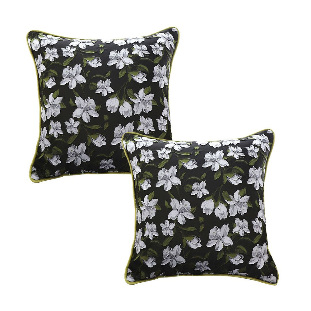 SOGA 2X 45cm Black Floral Pillow Cover With Green Trim 1