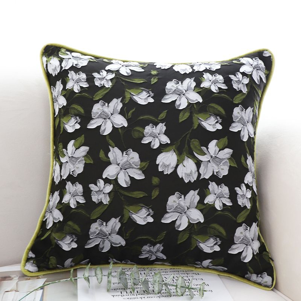 SOGA 2X 45cm Black Floral Pillow Cover With Green Trim 2