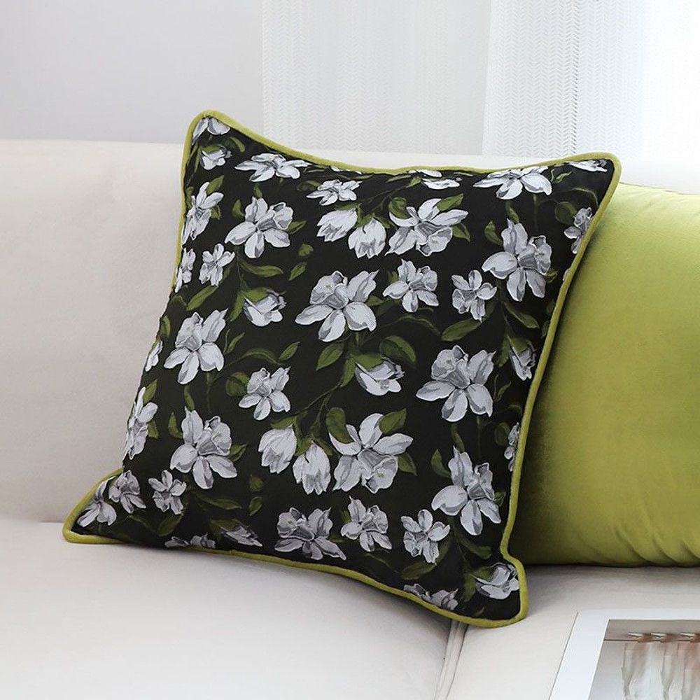 SOGA 2X 45cm Black Floral Pillow Cover With Green Trim 3
