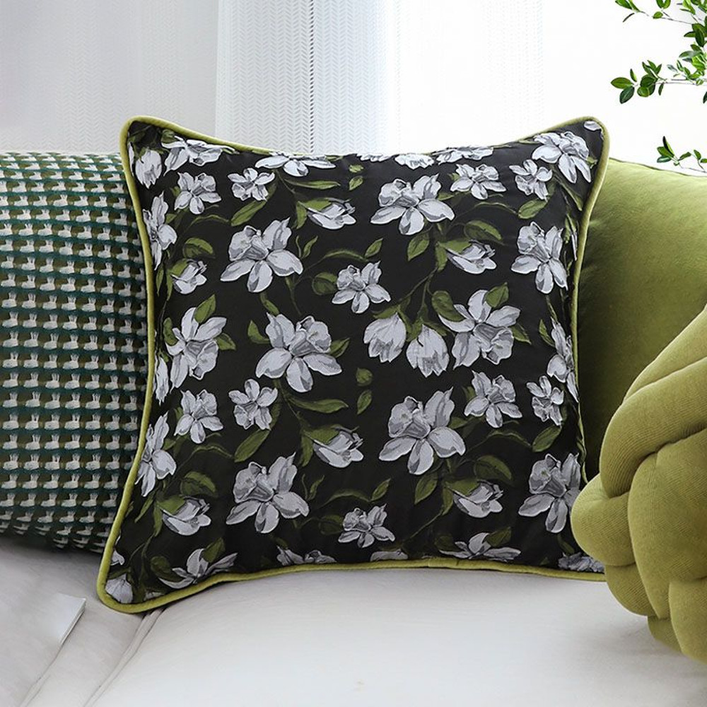 SOGA 2X 45cm Black Floral Pillow Cover With Green Trim 4
