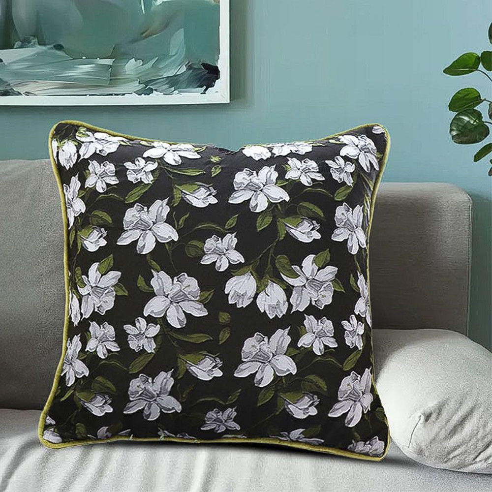 SOGA 2X 45cm Black Floral Pillow Cover With Green Trim 0