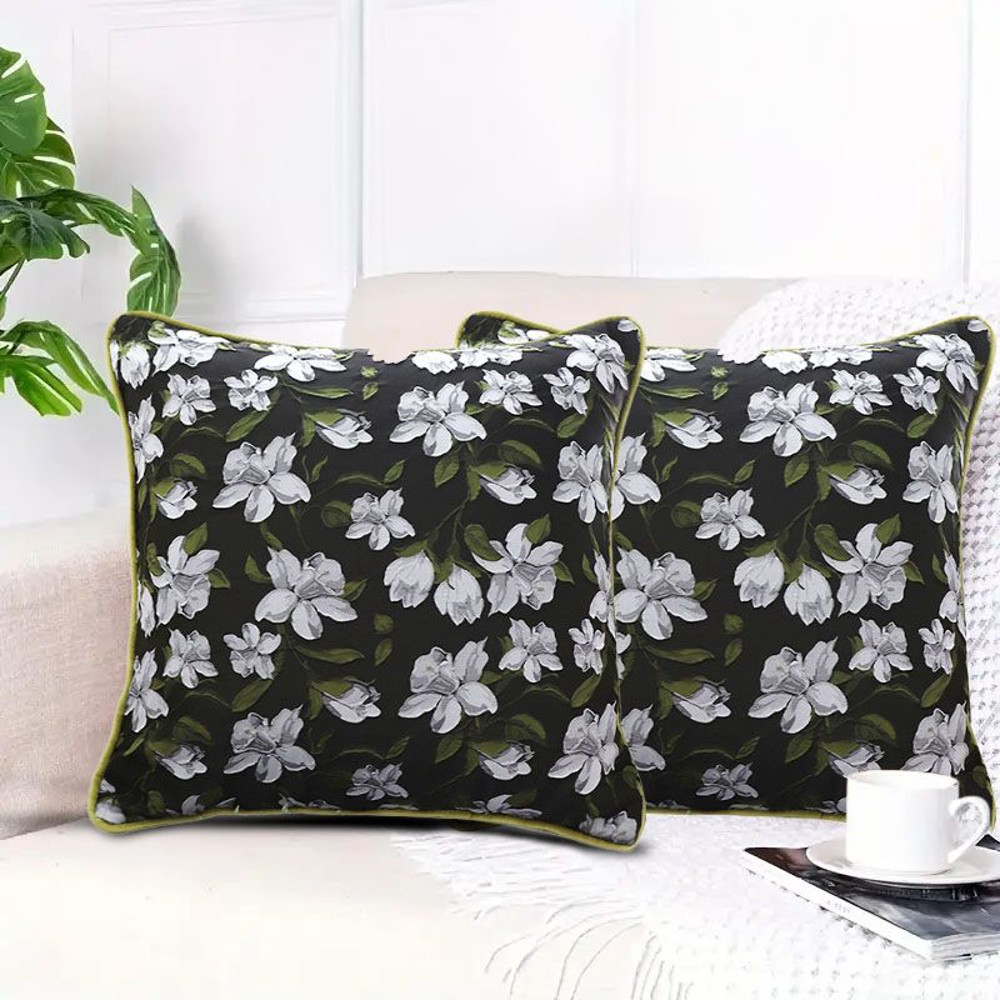 SOGA 2X 45cm Black Floral Pillow Cover With Green Trim 6