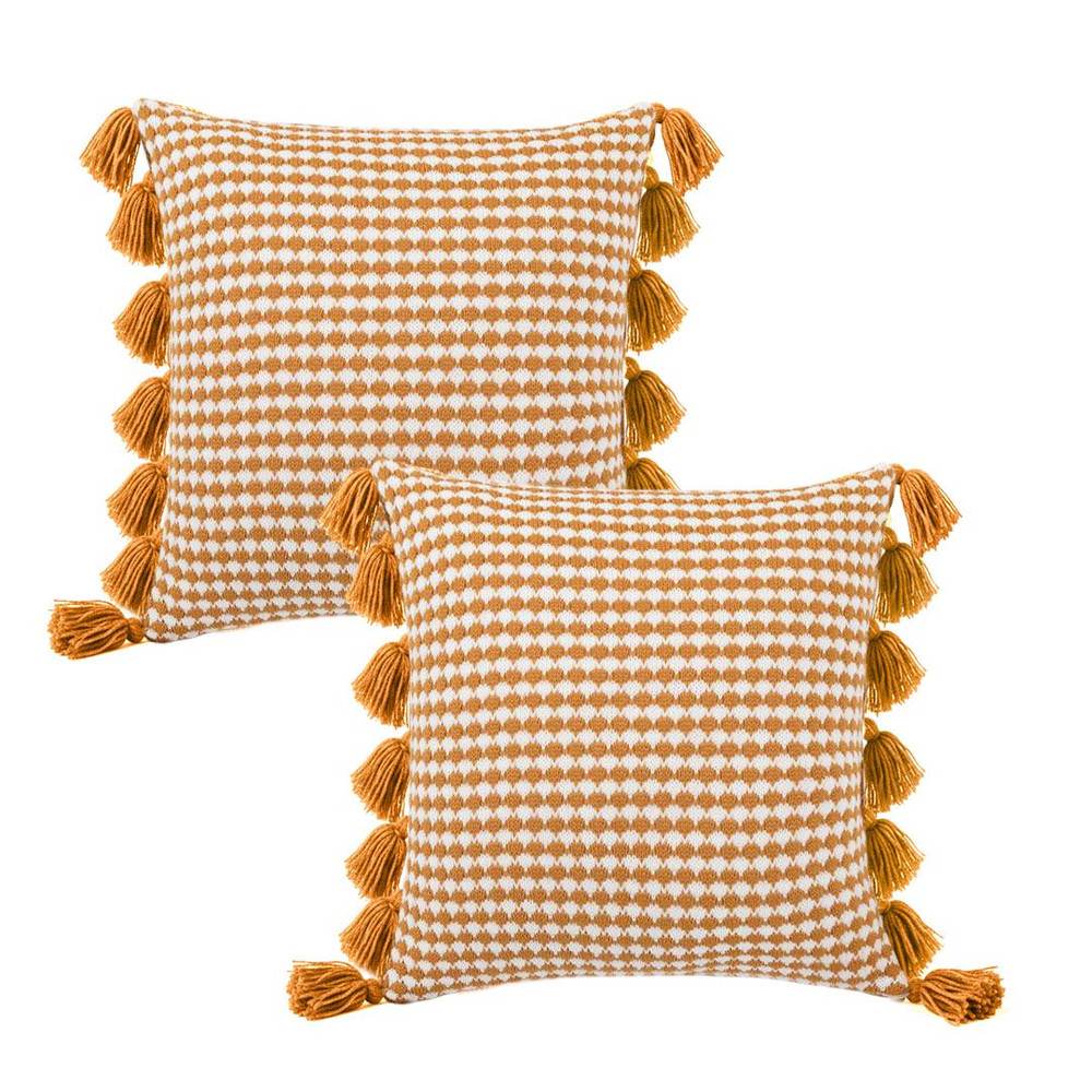 SOGA 2X 45cm Orange Houndstooth Pillow Cover With Tassels 1
