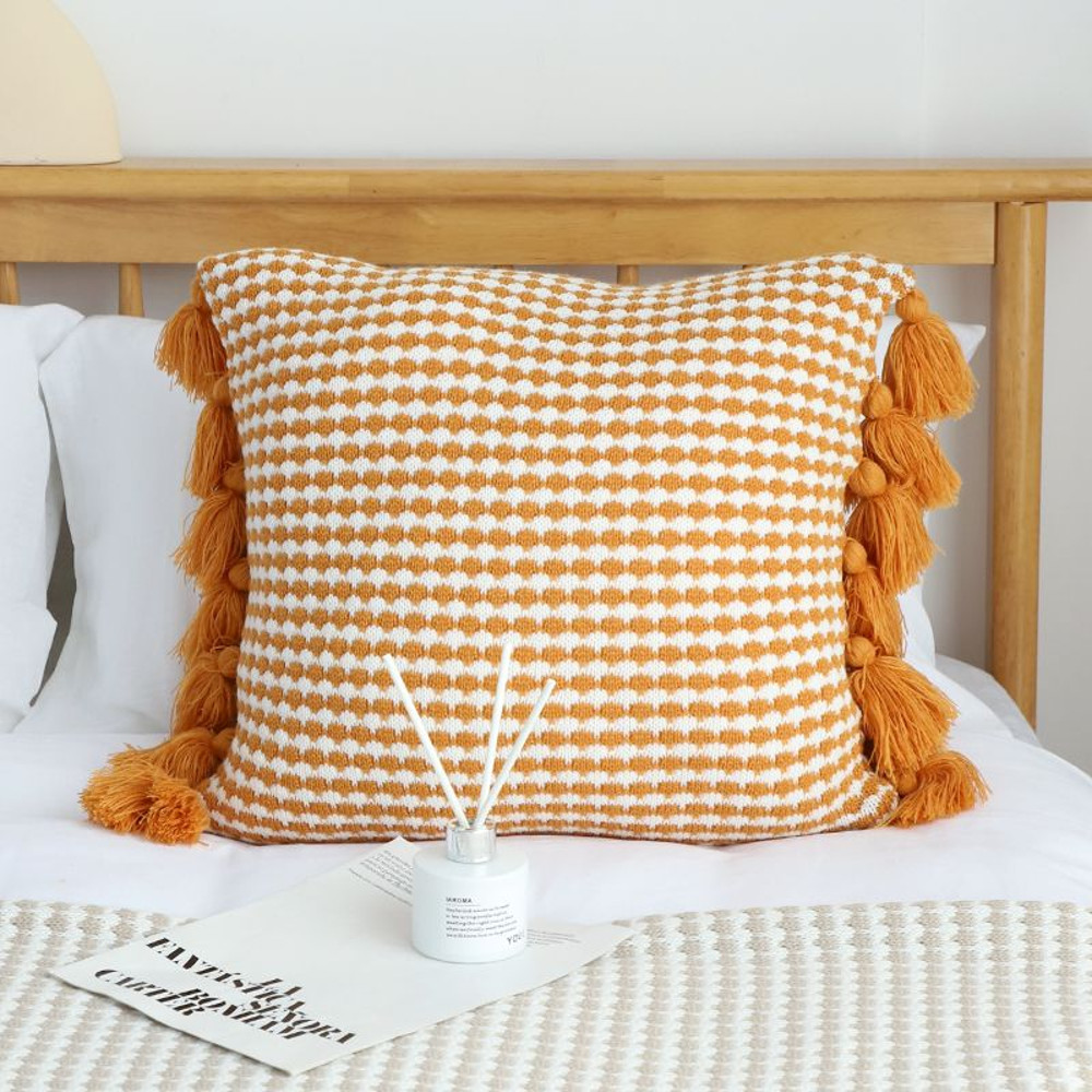 SOGA 2X 45cm Orange Houndstooth Pillow Cover With Tassels 0