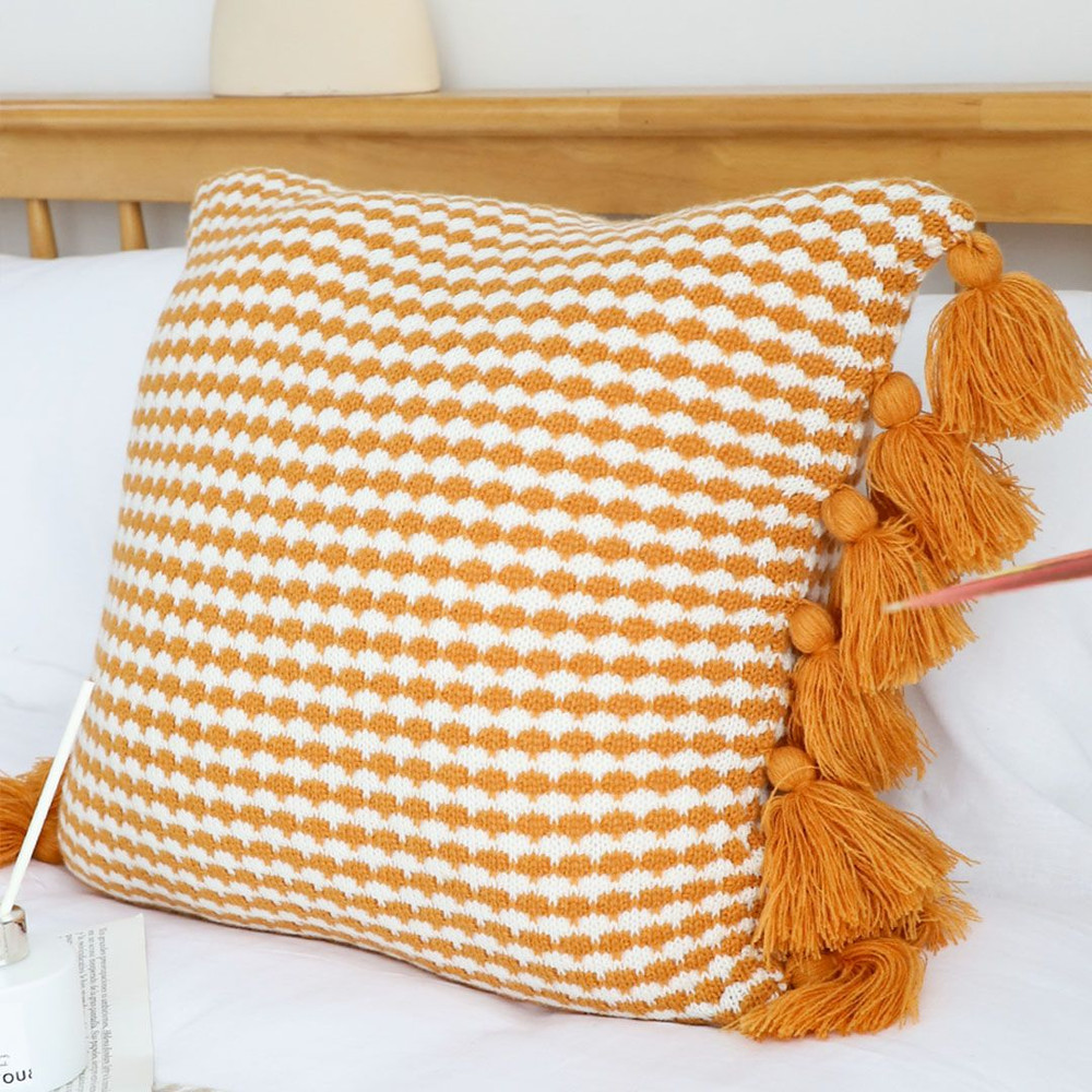 SOGA 2X 45cm Orange Houndstooth Pillow Cover With Tassels 3